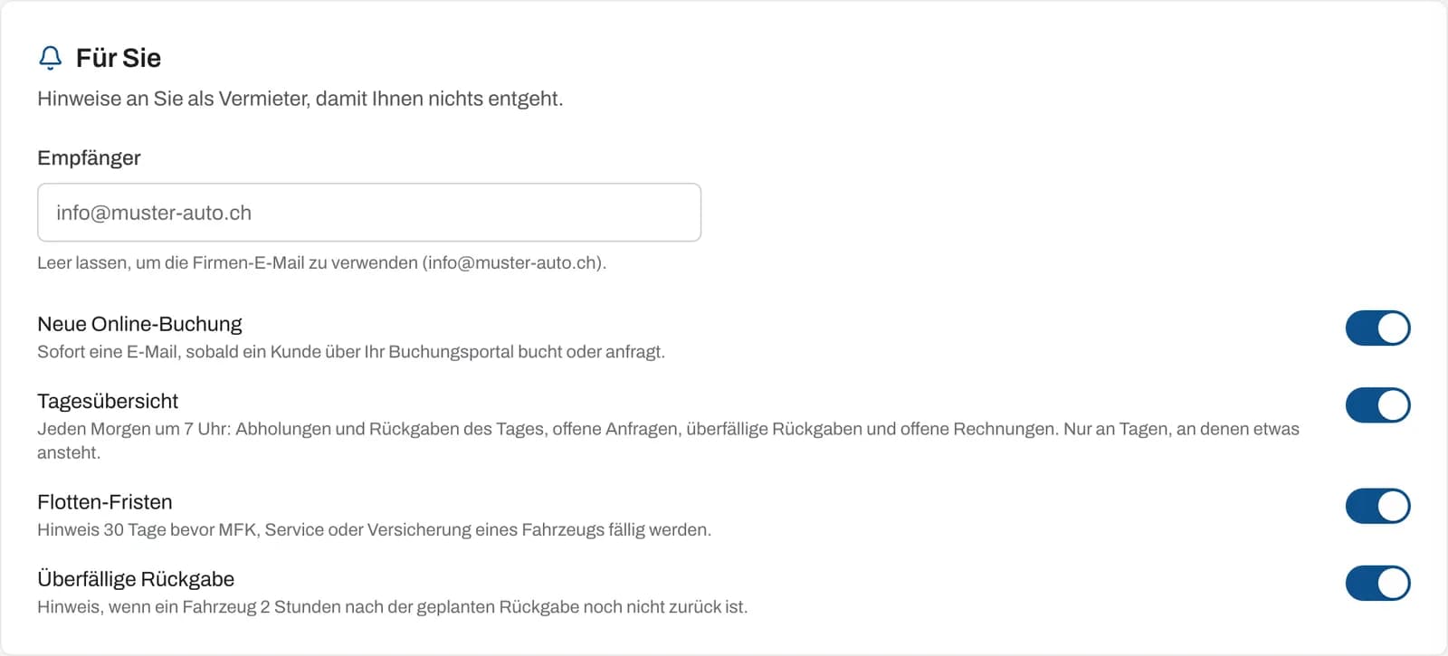 Bereich «Für Sie» mit Empfänger und den Hinweisen an den Vermieter
