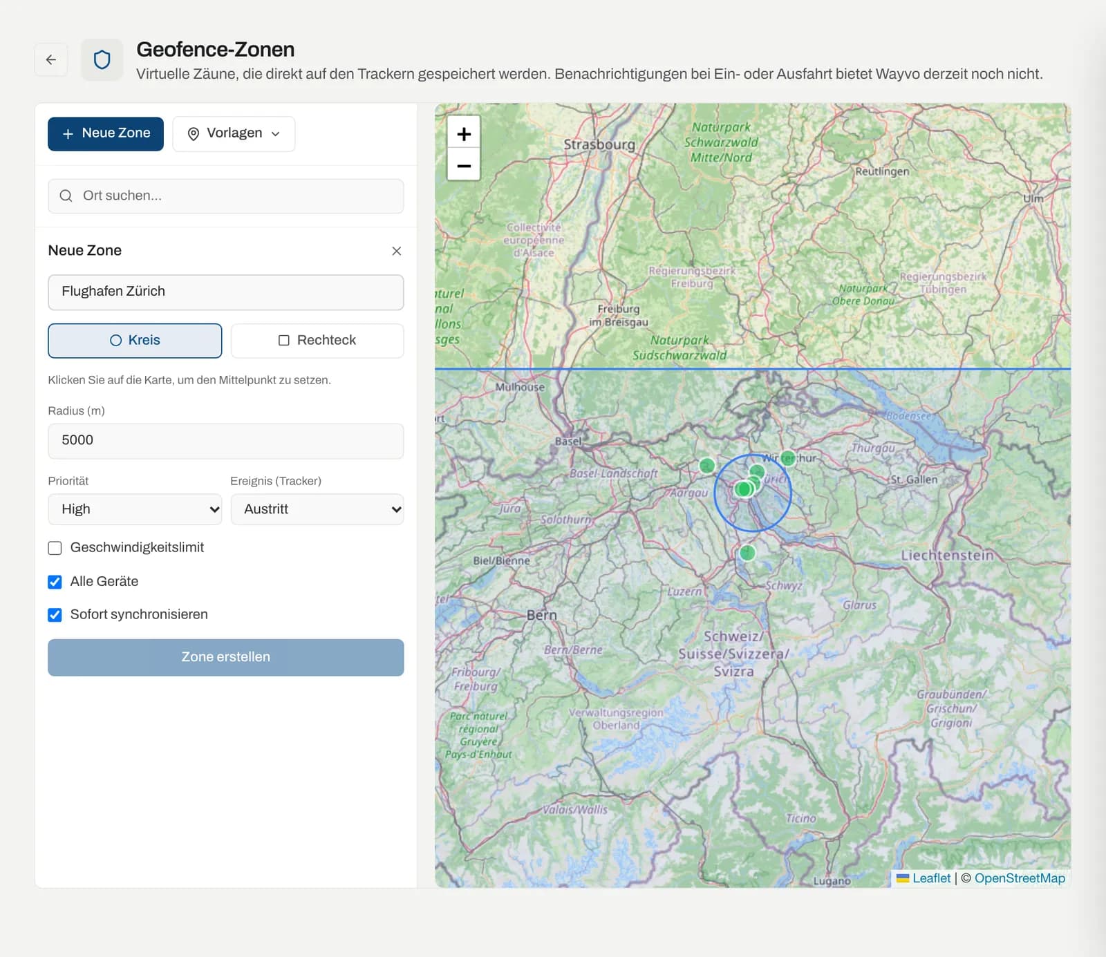 Formular «Neue Zone» mit Form, Radius und Optionen