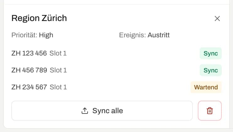 Details der Zone «Region Zürich» mit Slots, Sync-Status und Sync alle
