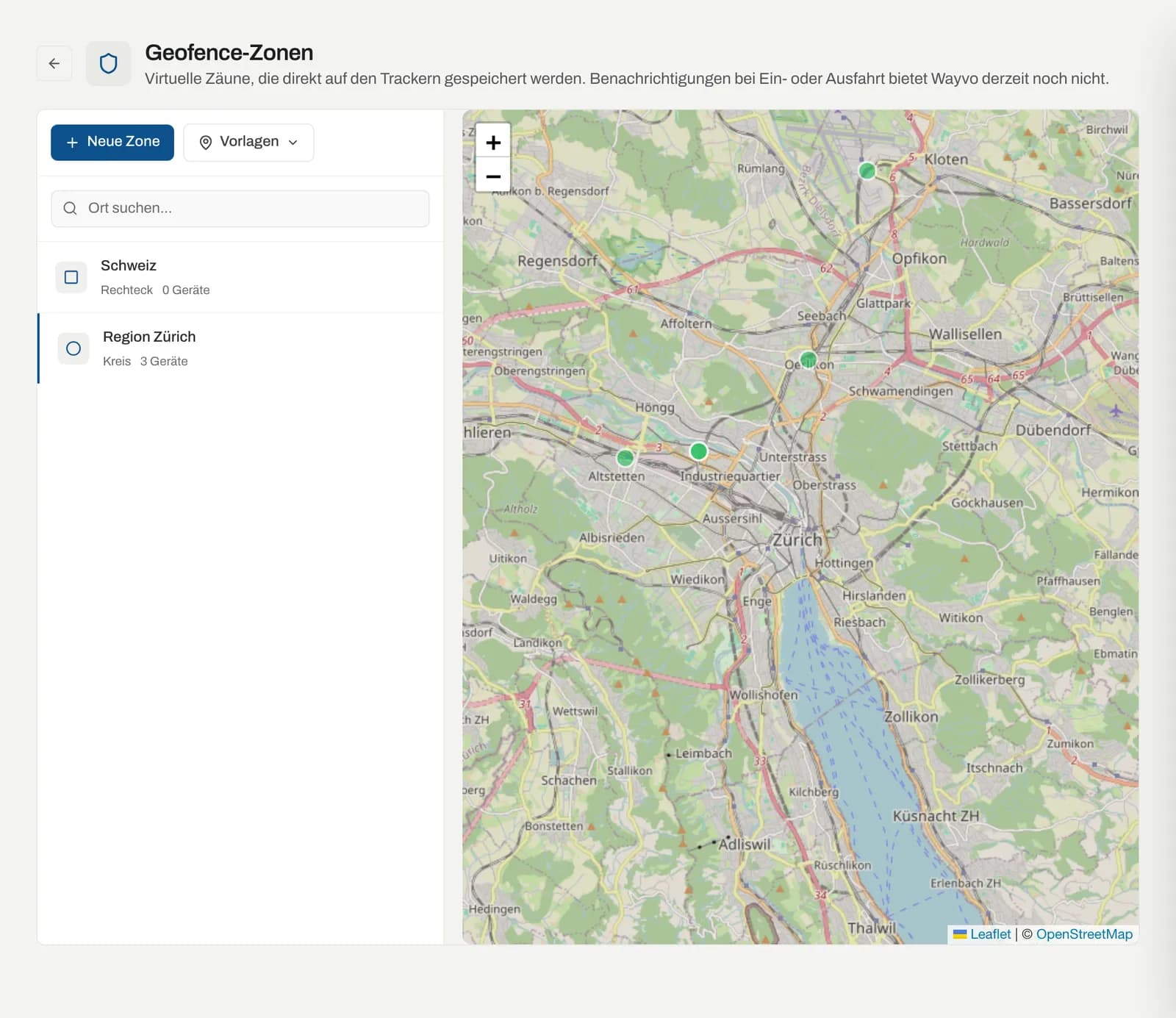 Seite «Geofence-Zonen» mit Zonenliste links und Karte rechts
