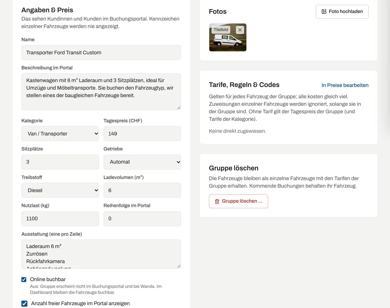 Formular «Angaben & Preis» der Gruppe