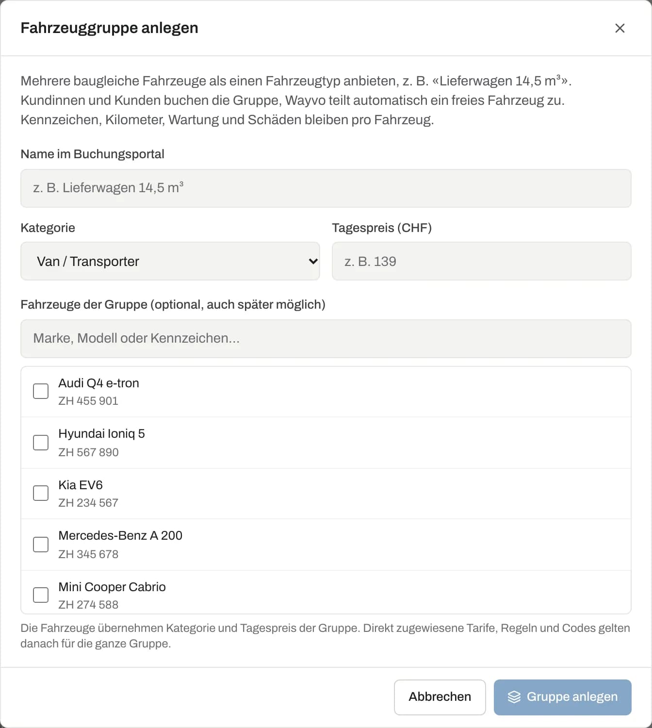 Dialog «Fahrzeuggruppe anlegen» mit Name, Kategorie, Tagespreis und Fahrzeugauswahl