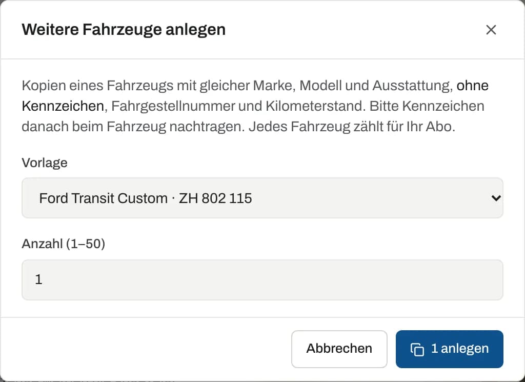 Dialog «Weitere Fahrzeuge anlegen»