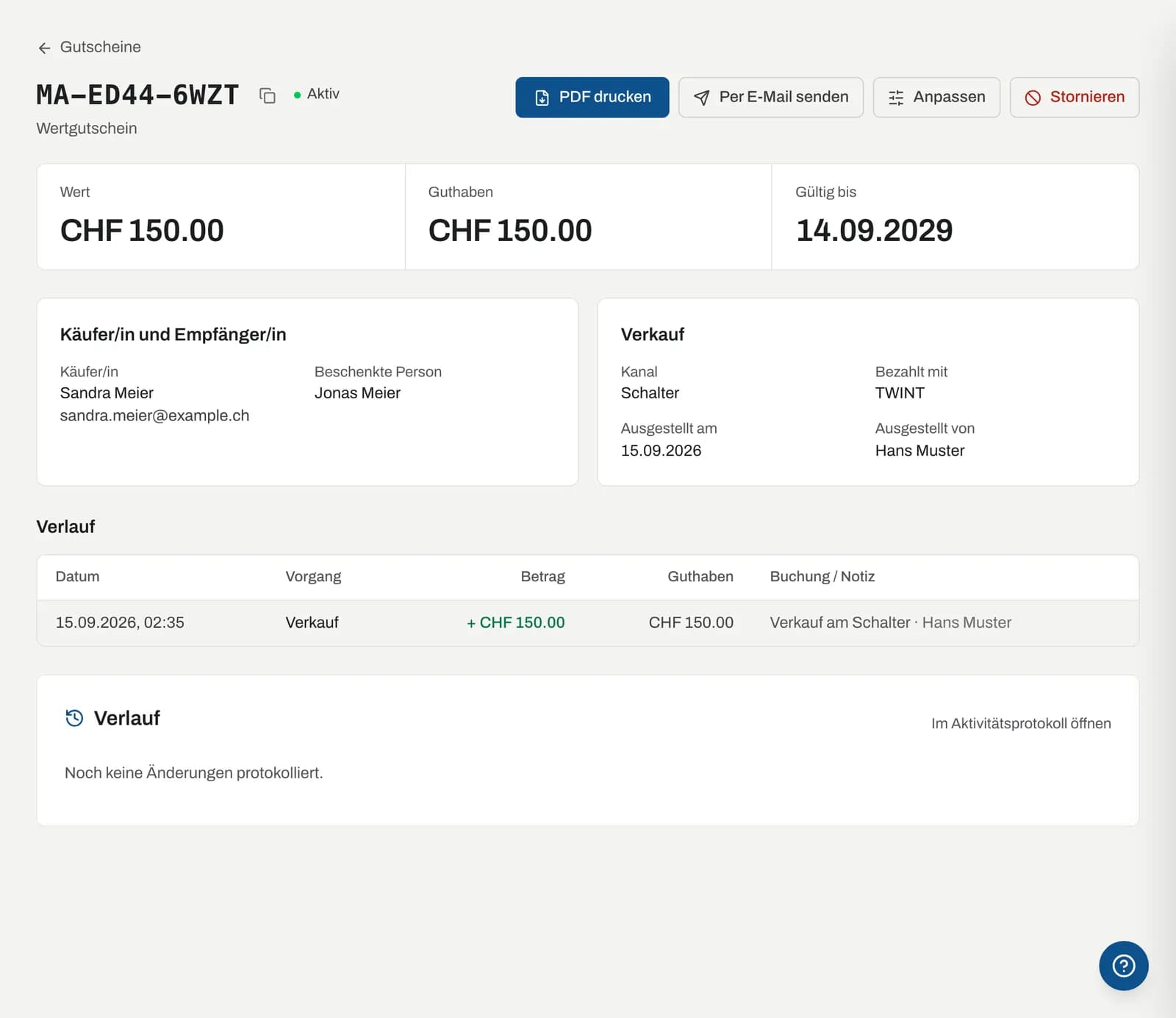 Detailseite eines Gutscheins mit Aktionen, Kennzahlen und Verlauf