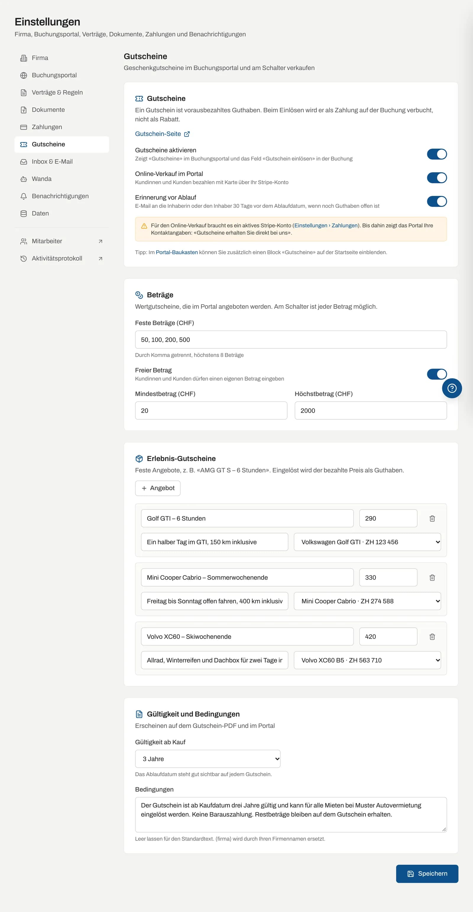 Einstellungen Gutscheine mit Schaltern, Beträgen, Erlebnis-Gutscheinen und Gültigkeit