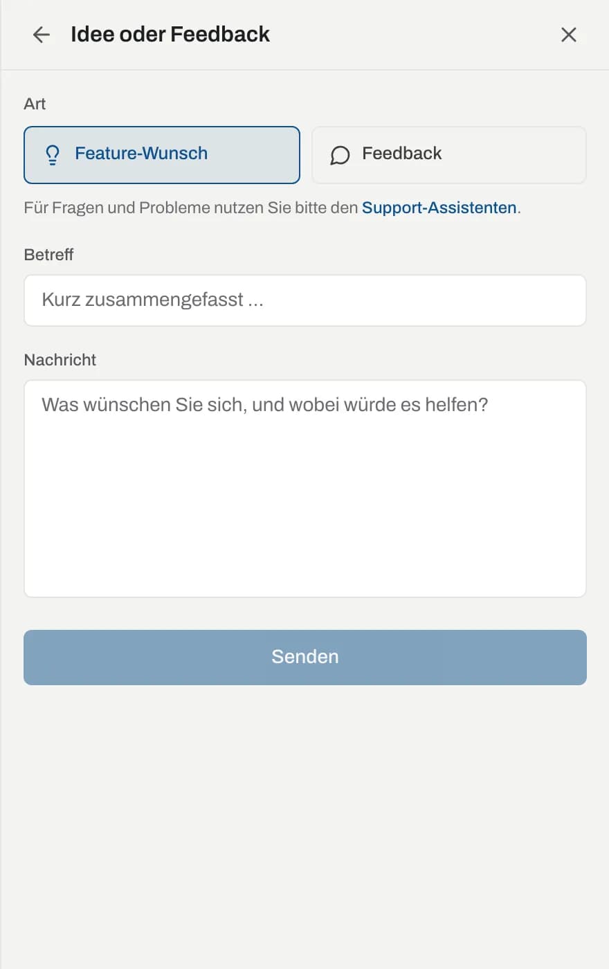 Formular Idee oder Feedback mit Art, Betreff und Nachricht