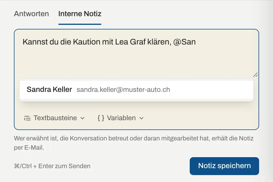 Antwortfeld im Modus «Interne Notiz» mit Erwähnung eines Teammitglieds
