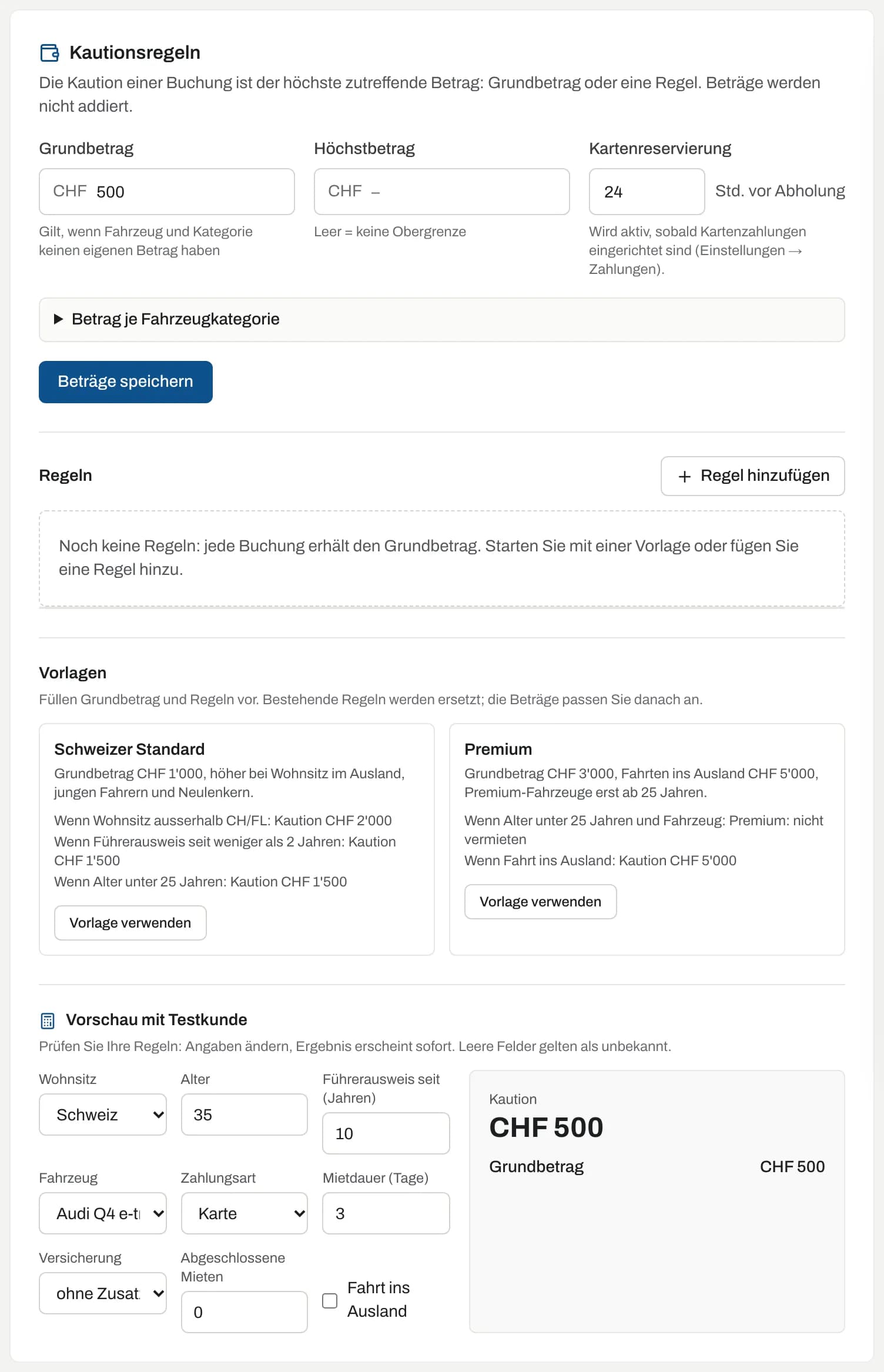 Bereich «Kautionsregeln» mit Grundbetrag, Vorlagen und Vorschau