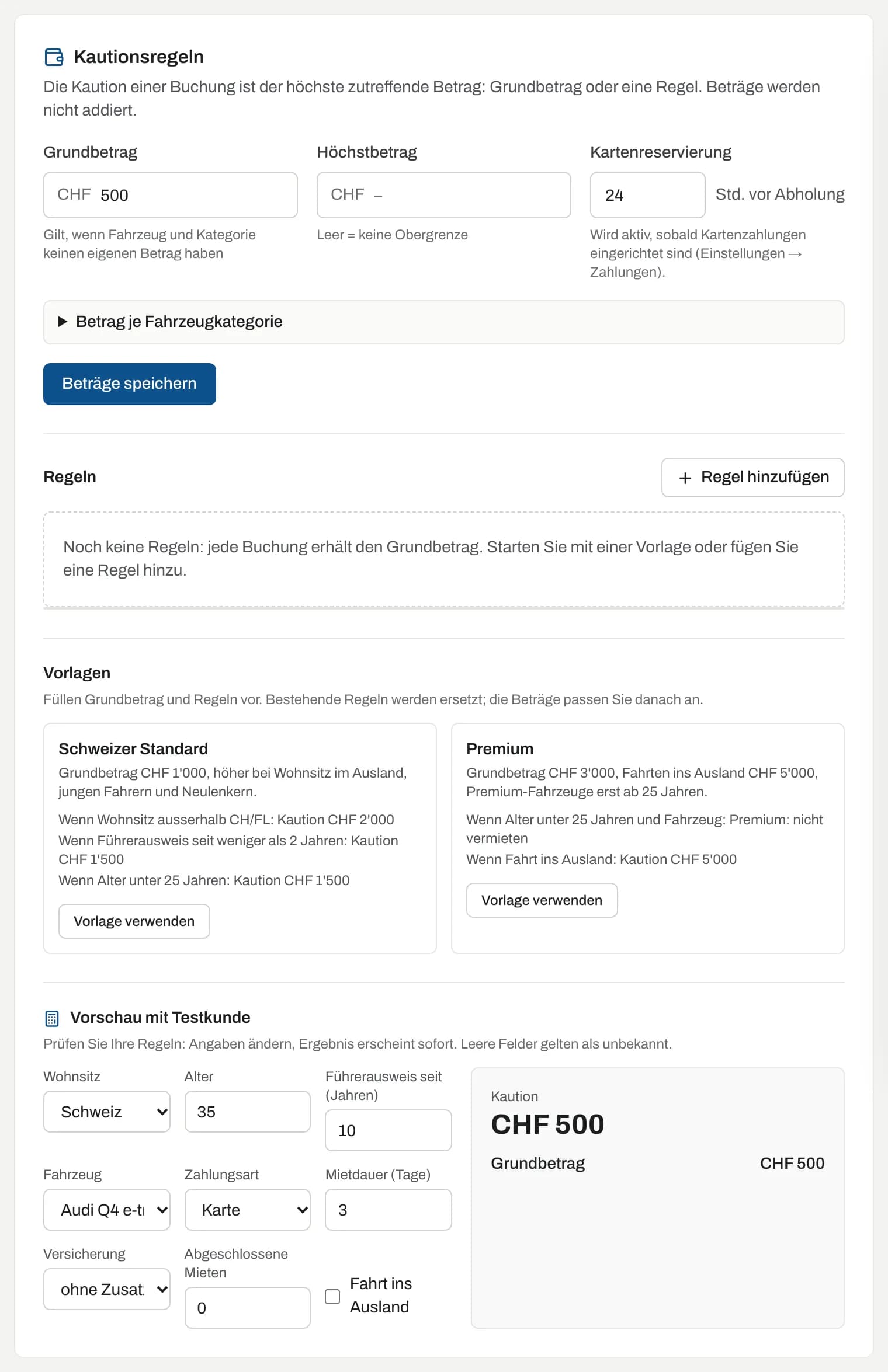 Kautionsregeln in den Einstellungen