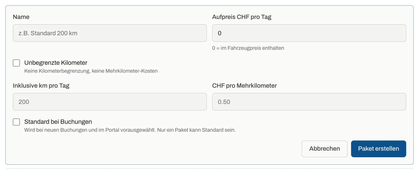 Formular für ein neues Kilometerpaket