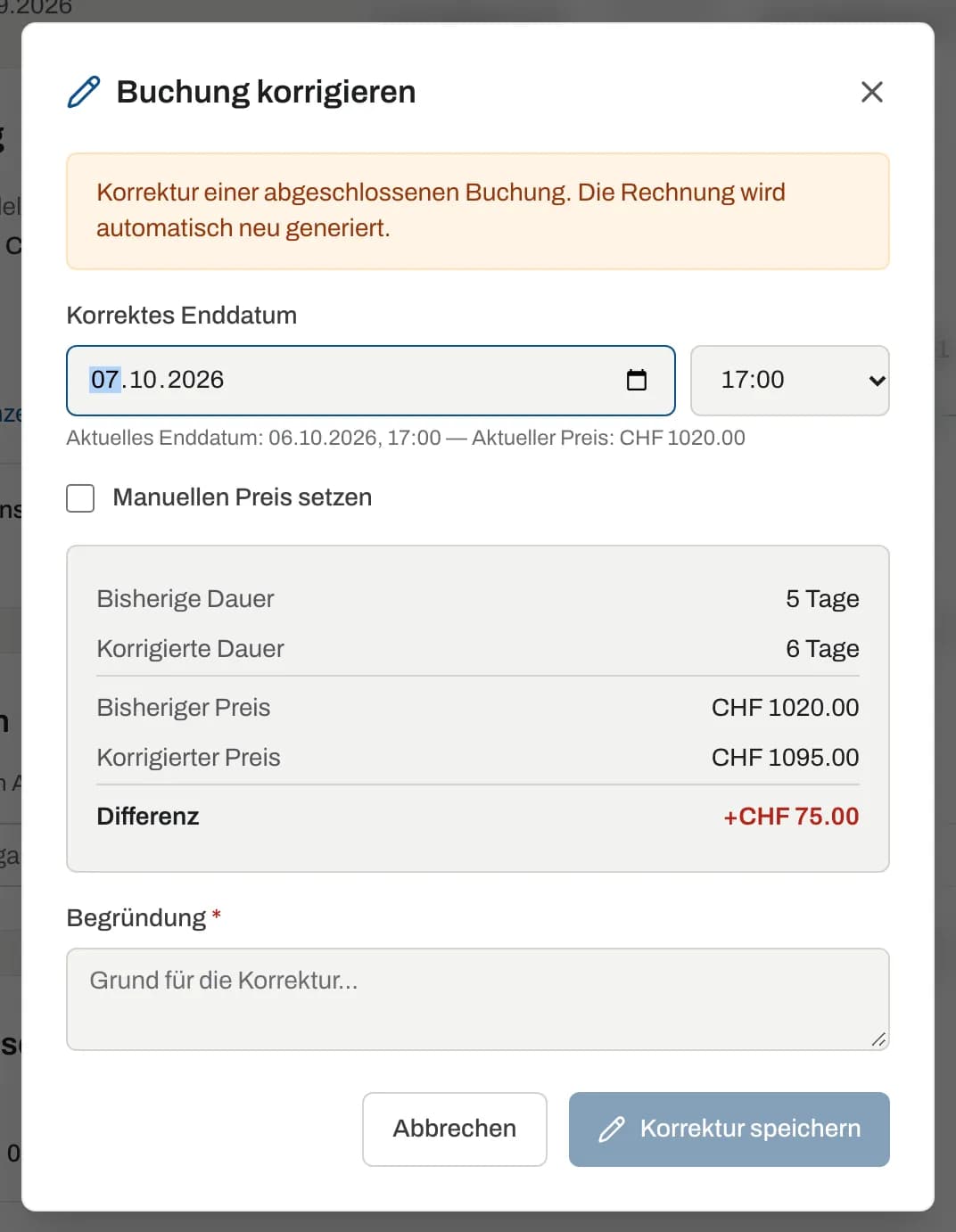 Dialog «Buchung korrigieren»