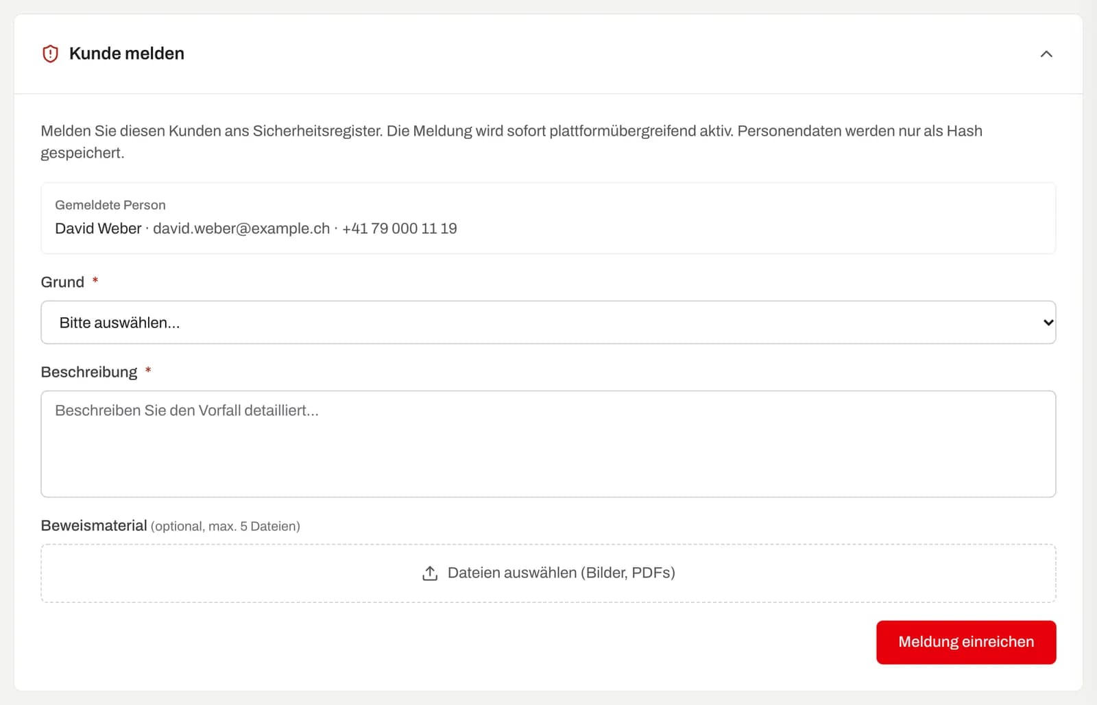 Bereich «Kunde melden» in der Kundenakte