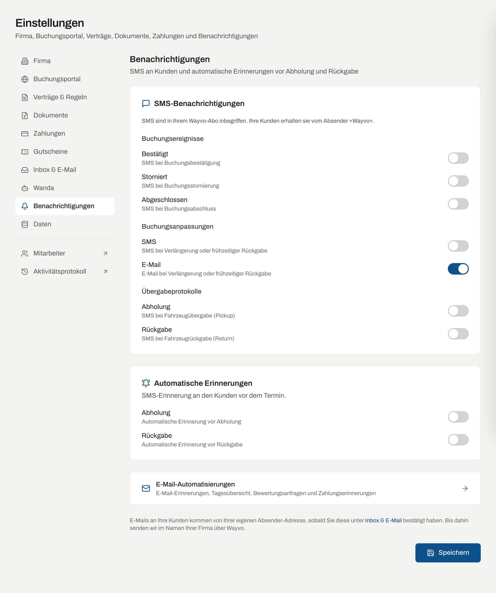 Einstellungen → Benachrichtigungen mit SMS-Benachrichtigungen und automatischen Erinnerungen
