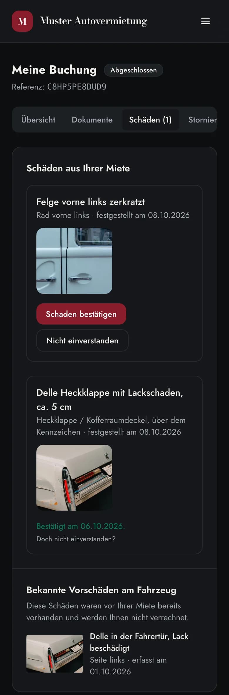 Reiter «Schäden» im Kundenbereich auf dem Handy