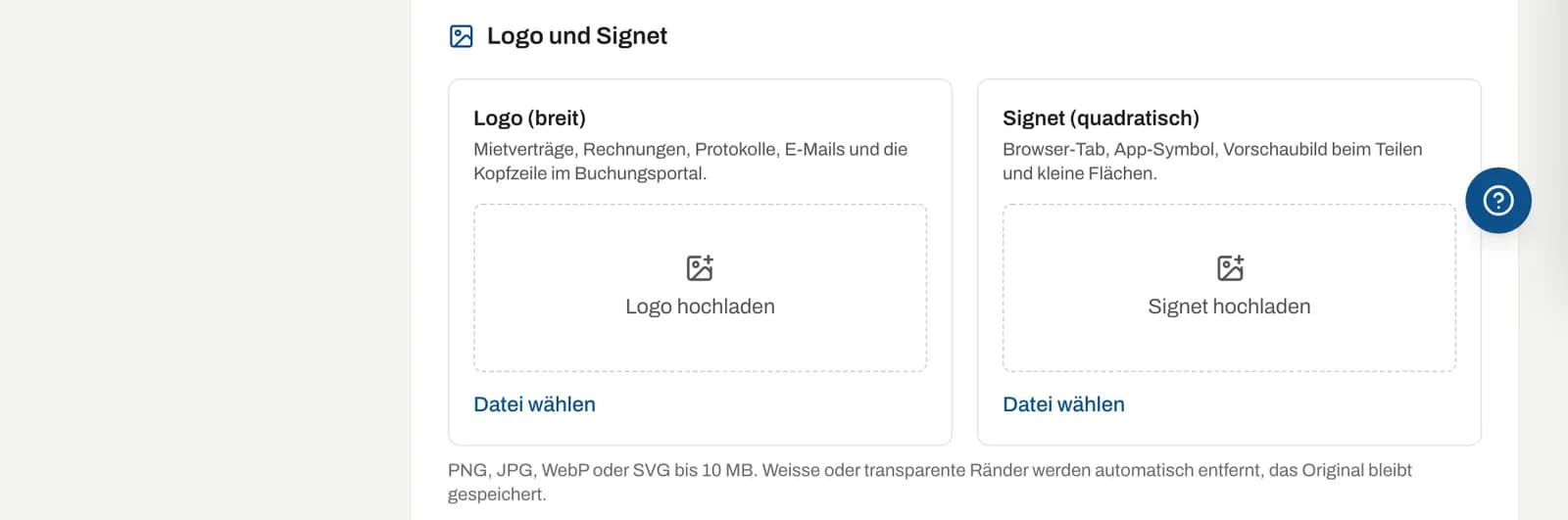 Logo und Signet in den Firmeneinstellungen mit Vorschau