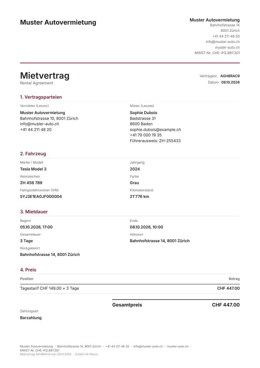Erste Seite eines Mietvertrags