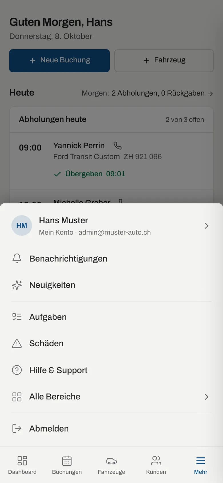 Menü Mehr auf dem Handy mit Konto, Benachrichtigungen, Neuigkeiten, Aufgaben, Schäden, Hilfe & Support, Alle Bereiche und Abmelden