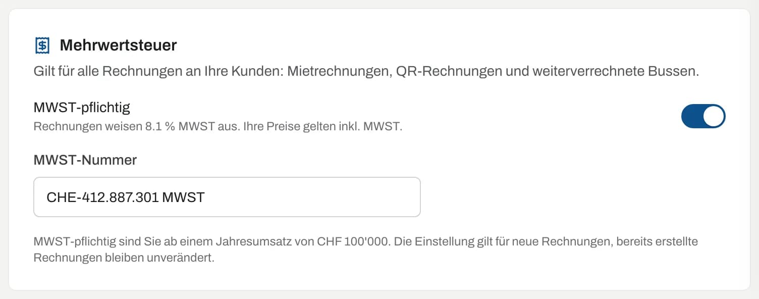Abschnitt Mehrwertsteuer mit MWST-pflichtig und MWST-Nummer