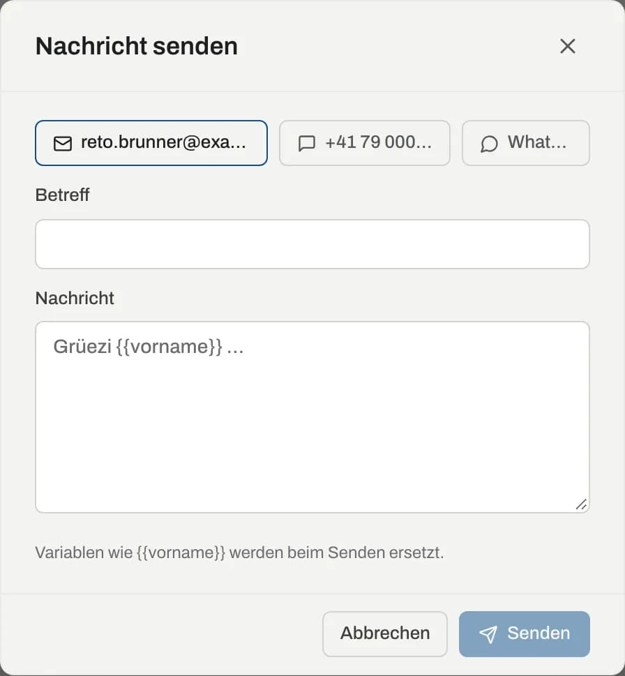 Dialog «Nachricht senden» in der Kundenakte mit Auswahl des Kanals