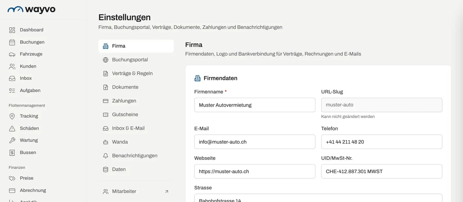 Einstellungen mit der Navigation der Bereiche