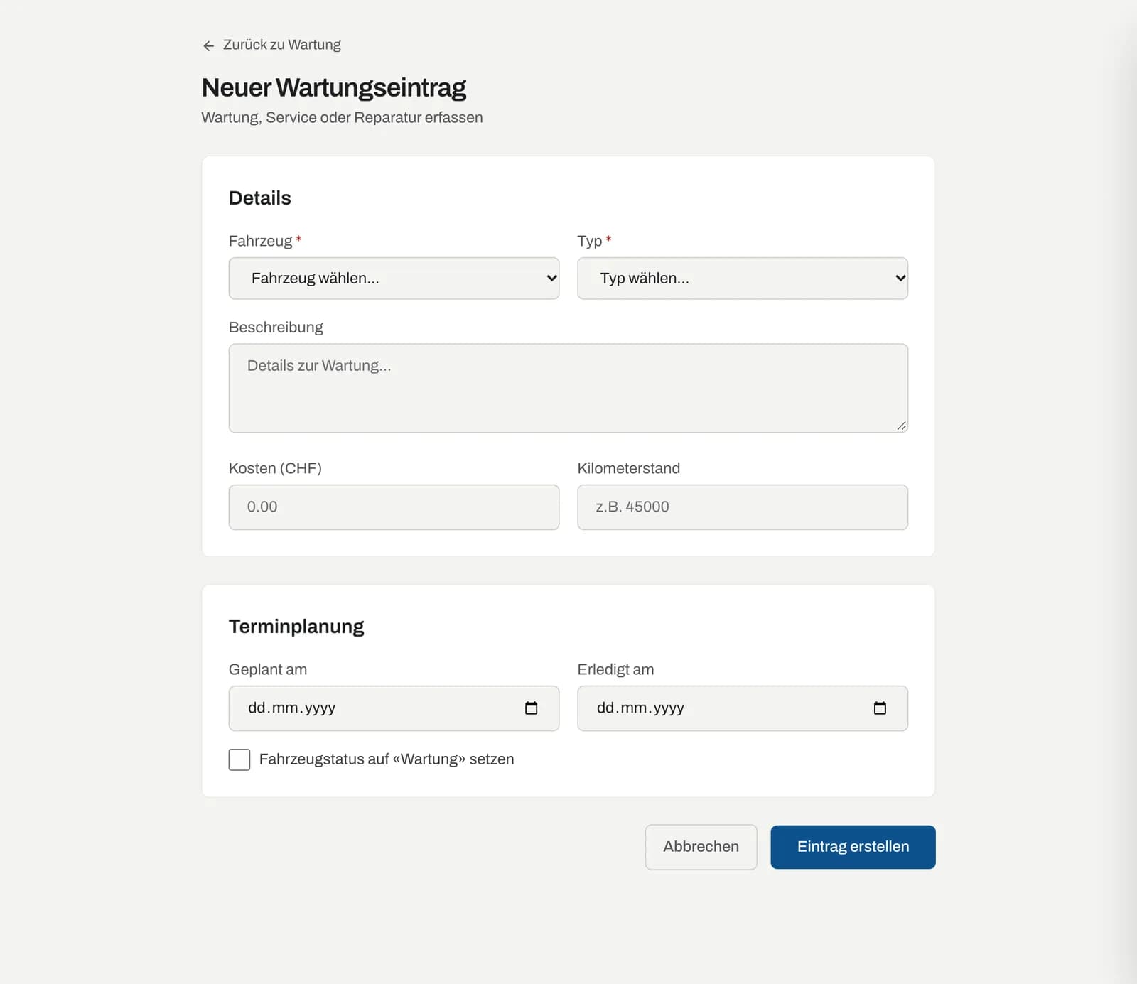 Formular «Neuer Wartungseintrag» mit Details und Terminplanung
