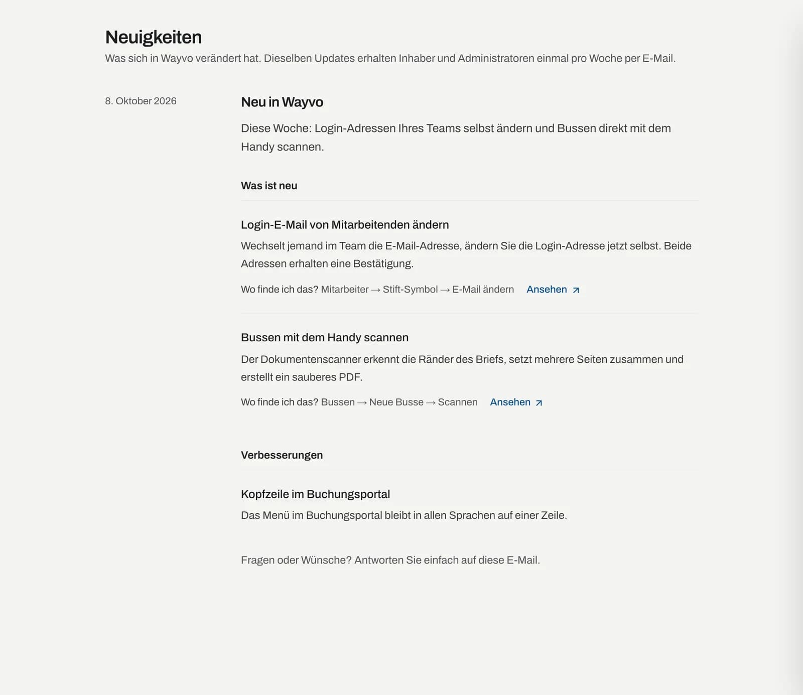 Seite Neuigkeiten mit einem Update, gegliedert in Was ist neu und Verbesserungen