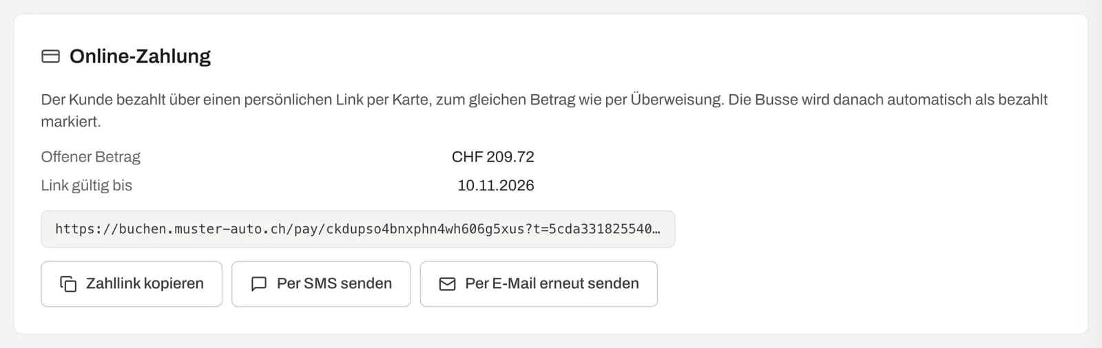Karte Online-Zahlung mit offenem Betrag, Gültigkeit und Zahllink