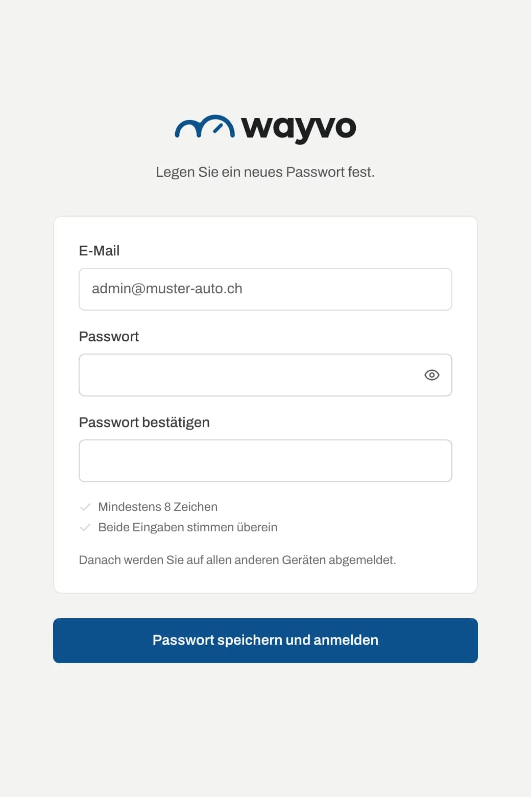 Seite zum Festlegen des neuen Passworts