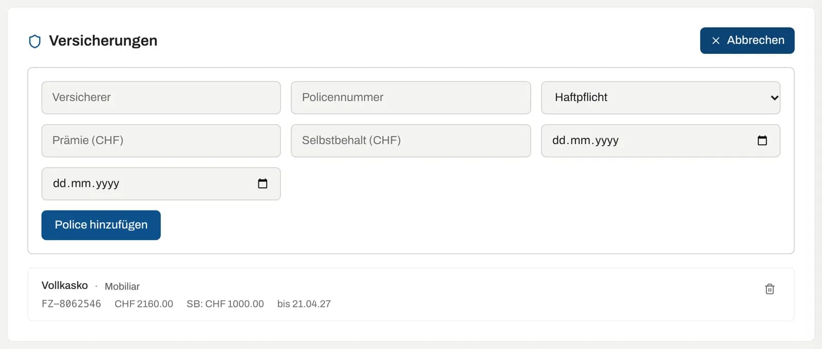 Formular zum Hinzufügen einer Police