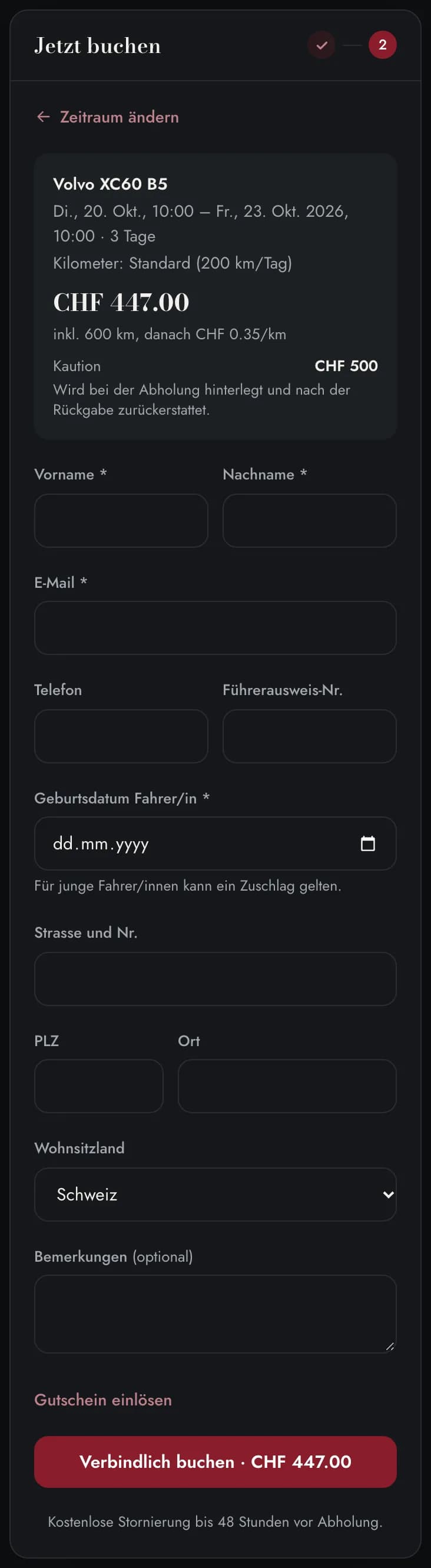 Schritt 2 mit Zusammenfassung und Kundendaten