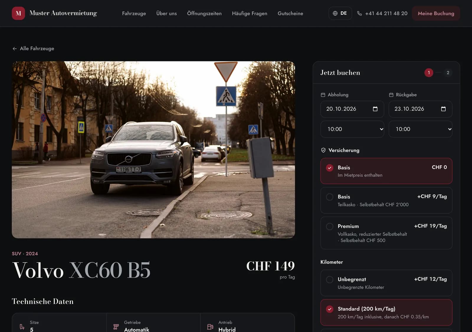 Fahrzeugseite mit Fotos, Daten und Buchungsbox
