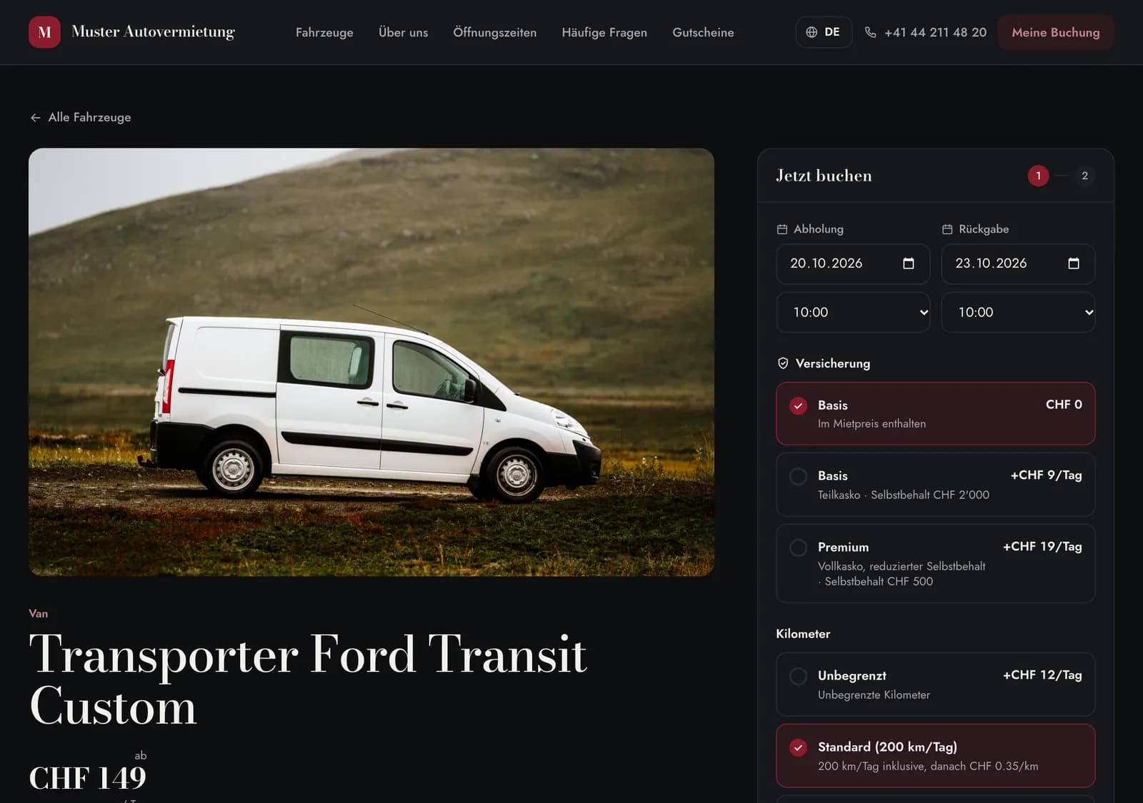 Seite einer Fahrzeuggruppe mit Hinweis zum Fahrzeugtyp