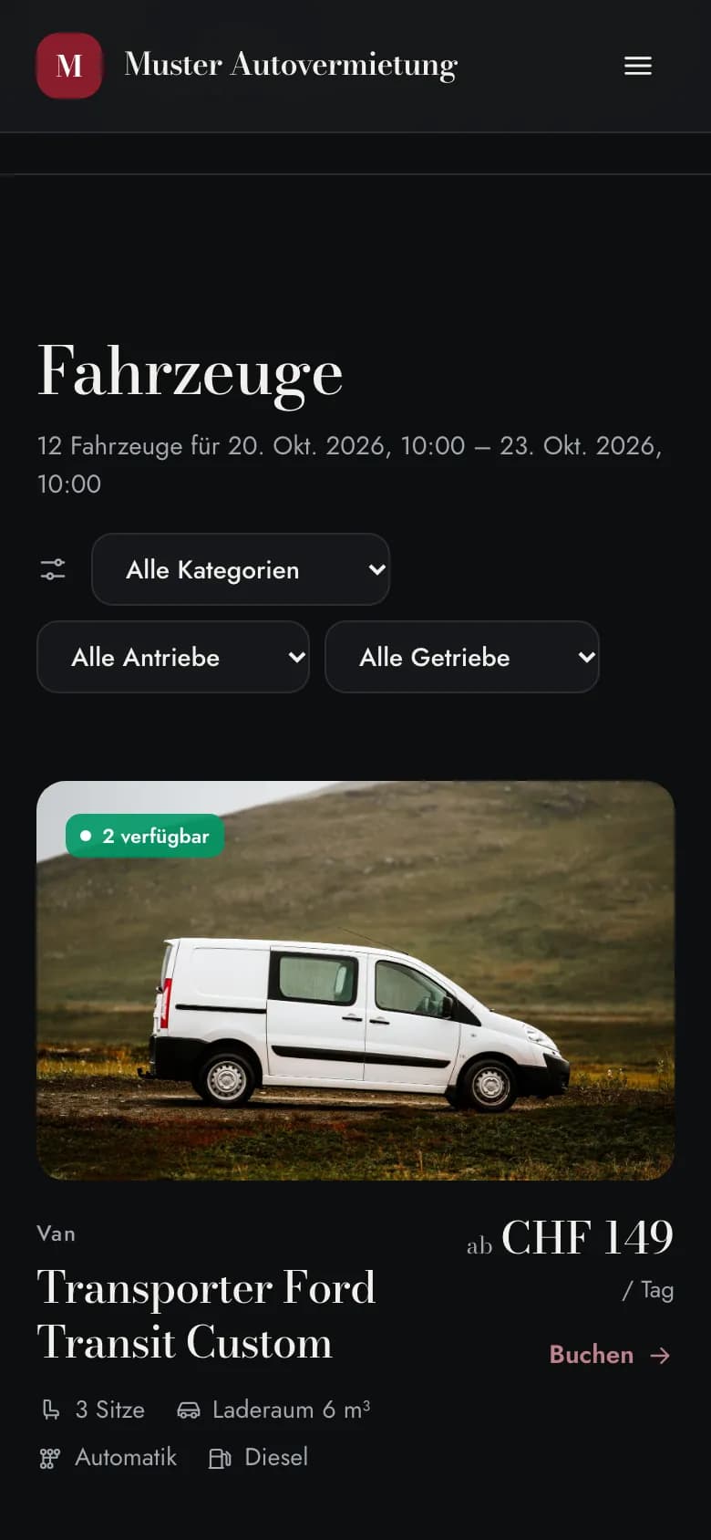 Fahrzeugliste auf dem Handy mit Filtern und Verfügbarkeit