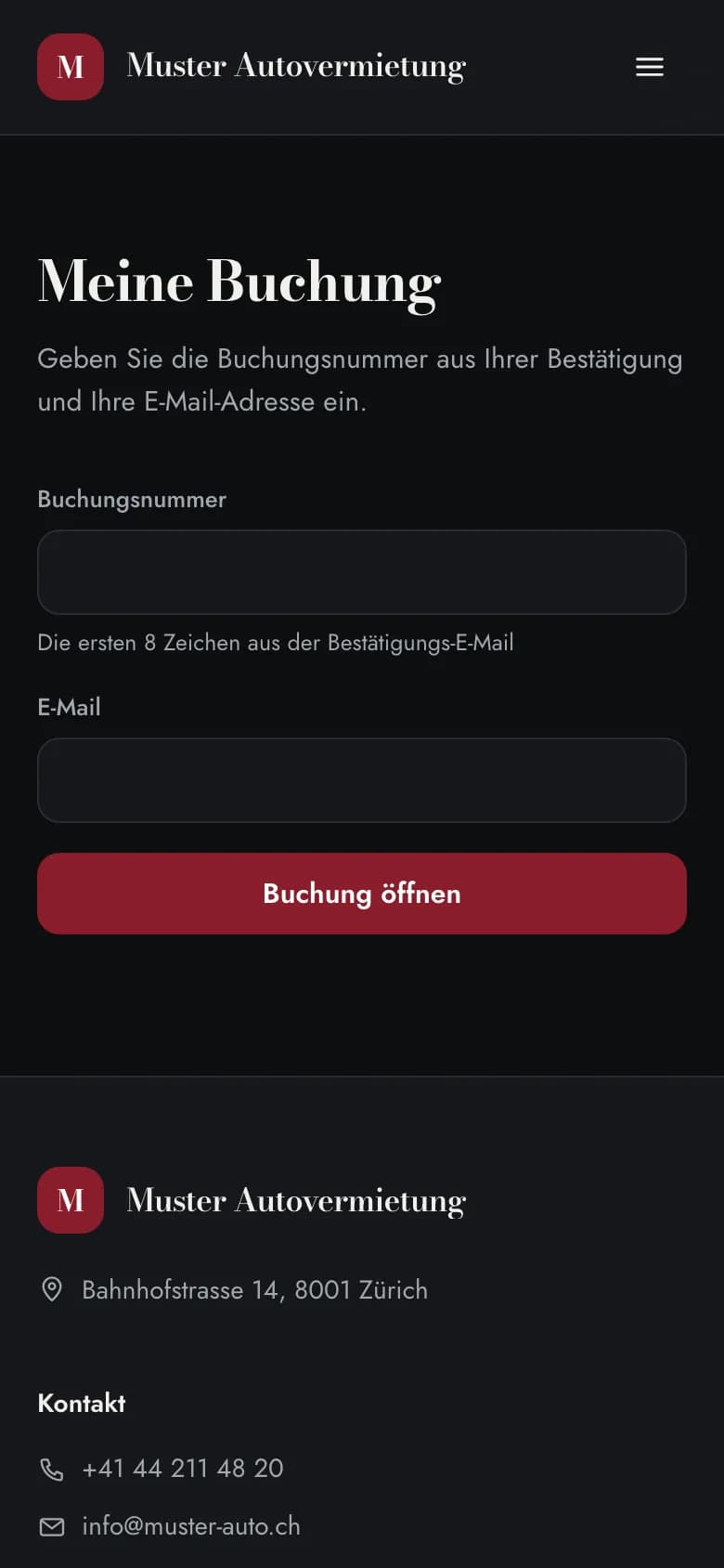 Suche nach der Buchung mit Buchungsnummer und E-Mail