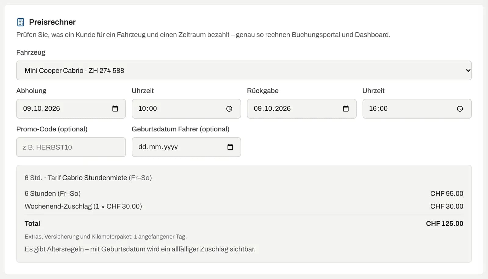 Preisrechner im Register Tarife