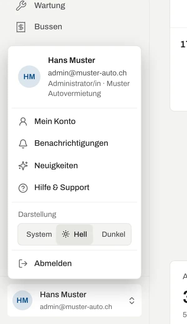 Geöffnetes Profilmenü mit Mein Konto, Benachrichtigungen, Neuigkeiten, Hilfe & Support, Darstellung und Abmelden