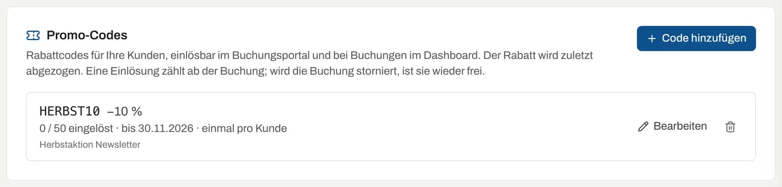 Register Promo-Codes mit einem aktiven Code