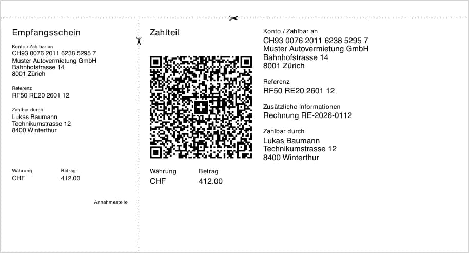 QR-Zahlteil mit Empfangsschein und Zahlteil