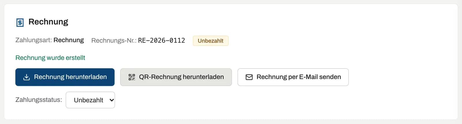 Karte Rechnung mit Auswahl Zahlungsstatus