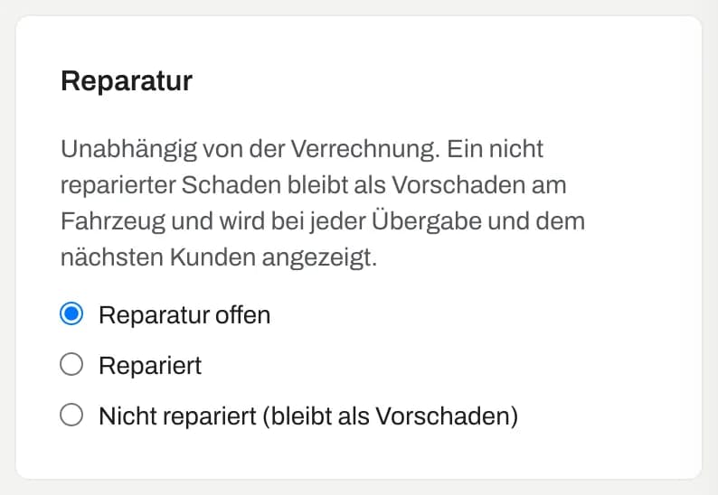 Karte «Reparatur» mit den drei Möglichkeiten