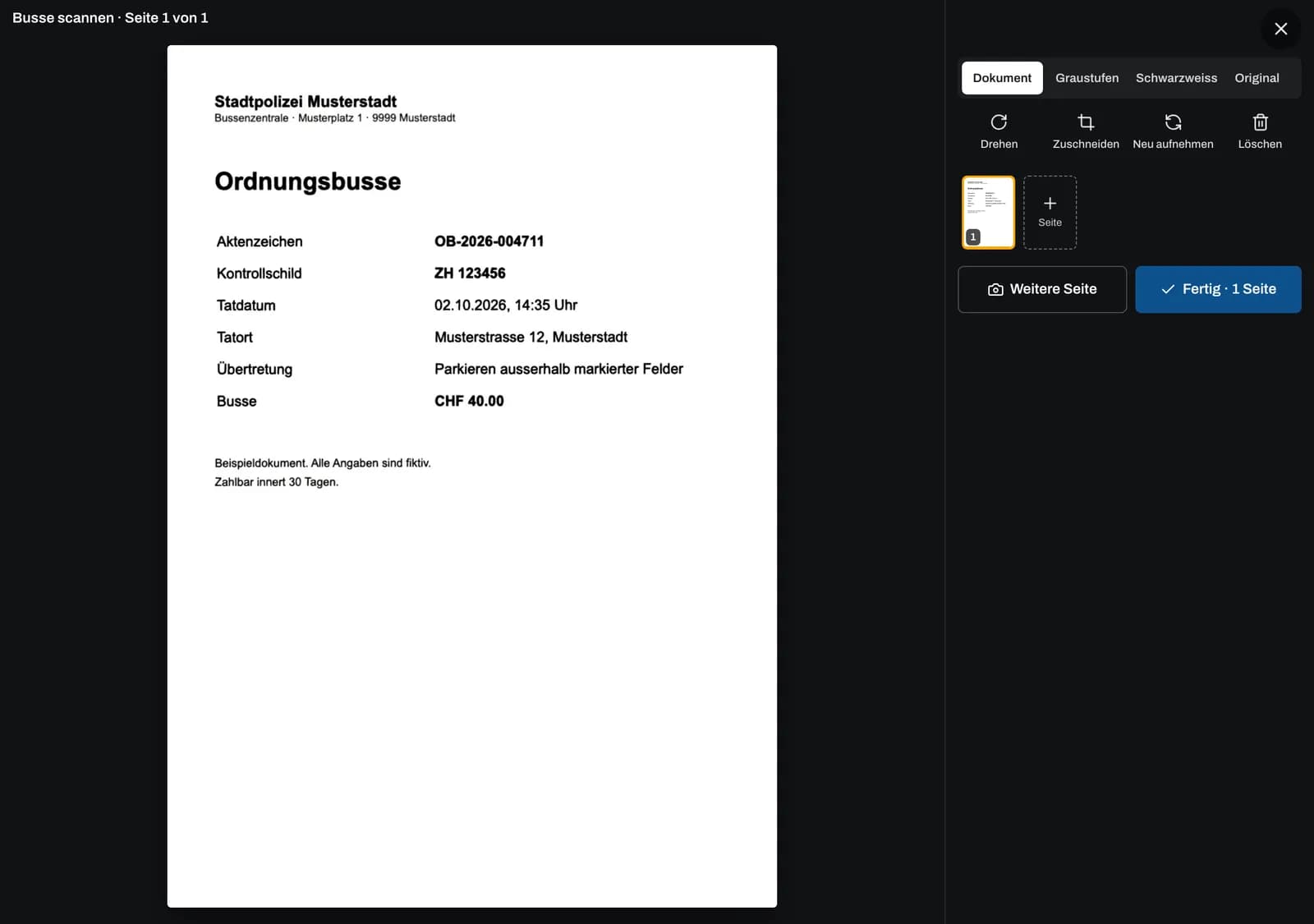 Fertig gescannte Seite mit Filtern, Werkzeugen und Seitenleiste