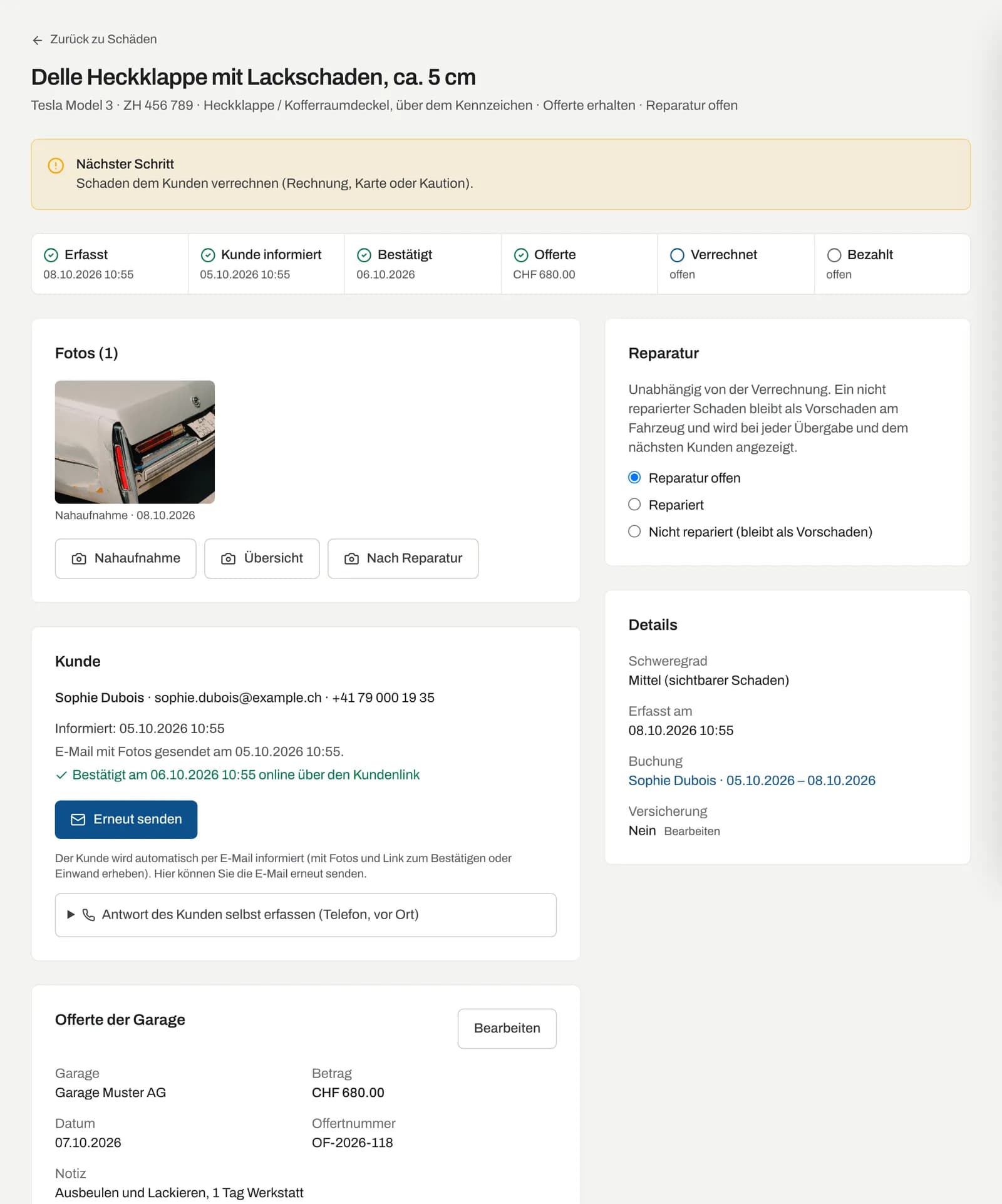 Schadenfall mit Fortschritt, nächstem Schritt, Fotos und Kunde