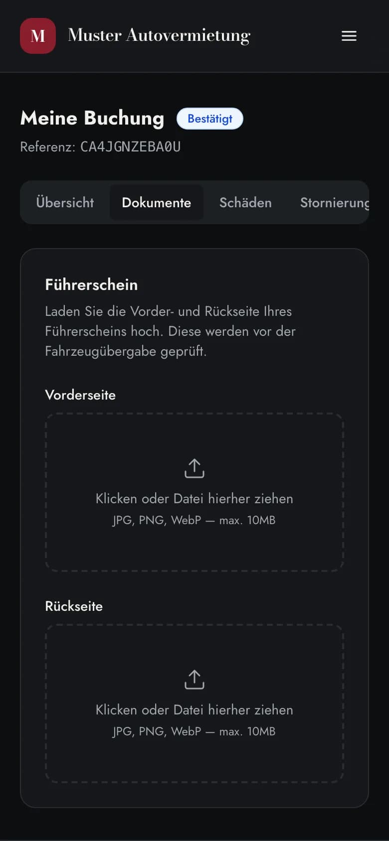 Reiter Dokumente mit Upload für Vorder- und Rückseite