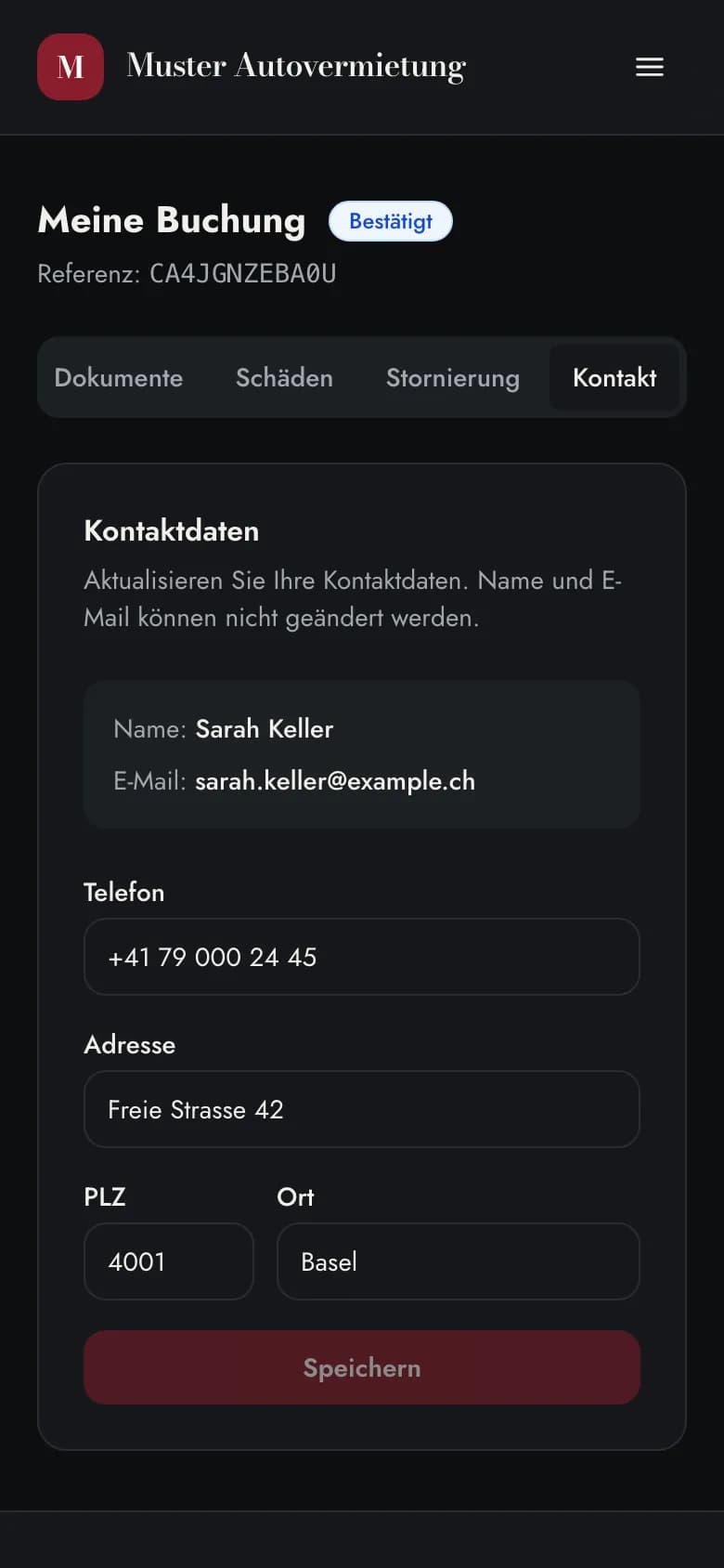 Reiter Kontakt mit änderbaren Kontaktdaten