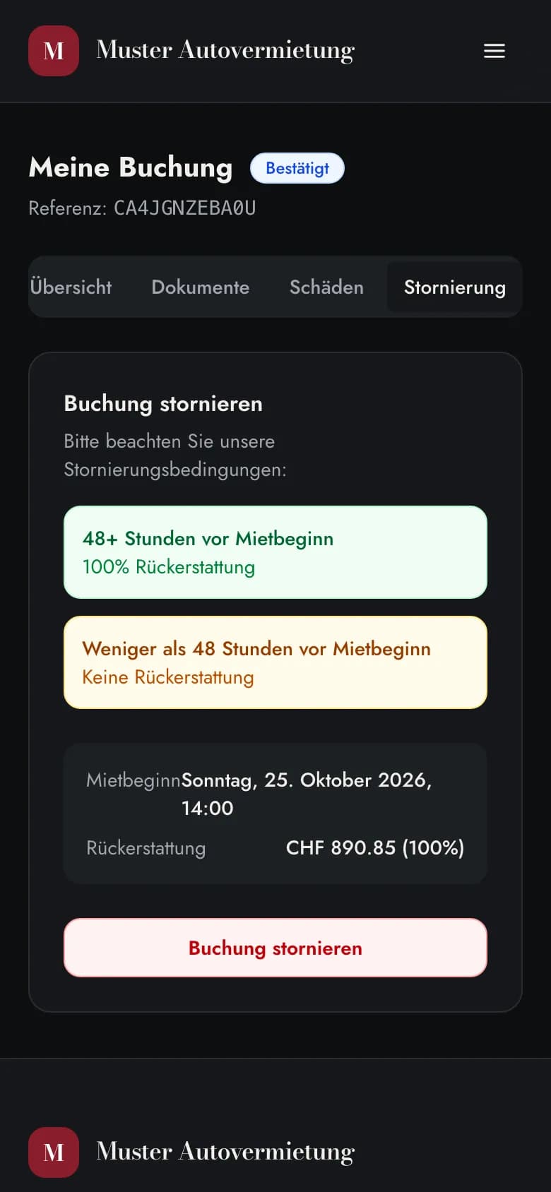 Reiter Stornierung mit Bedingungen