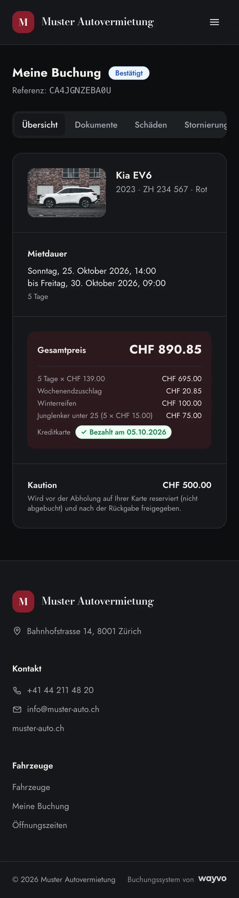 Meine Buchung auf dem Handy mit Fahrzeug, Mietdauer, Preis und Kaution