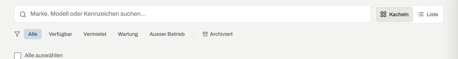 Suchfeld, Umschalter Kacheln/Liste und Statusfilter
