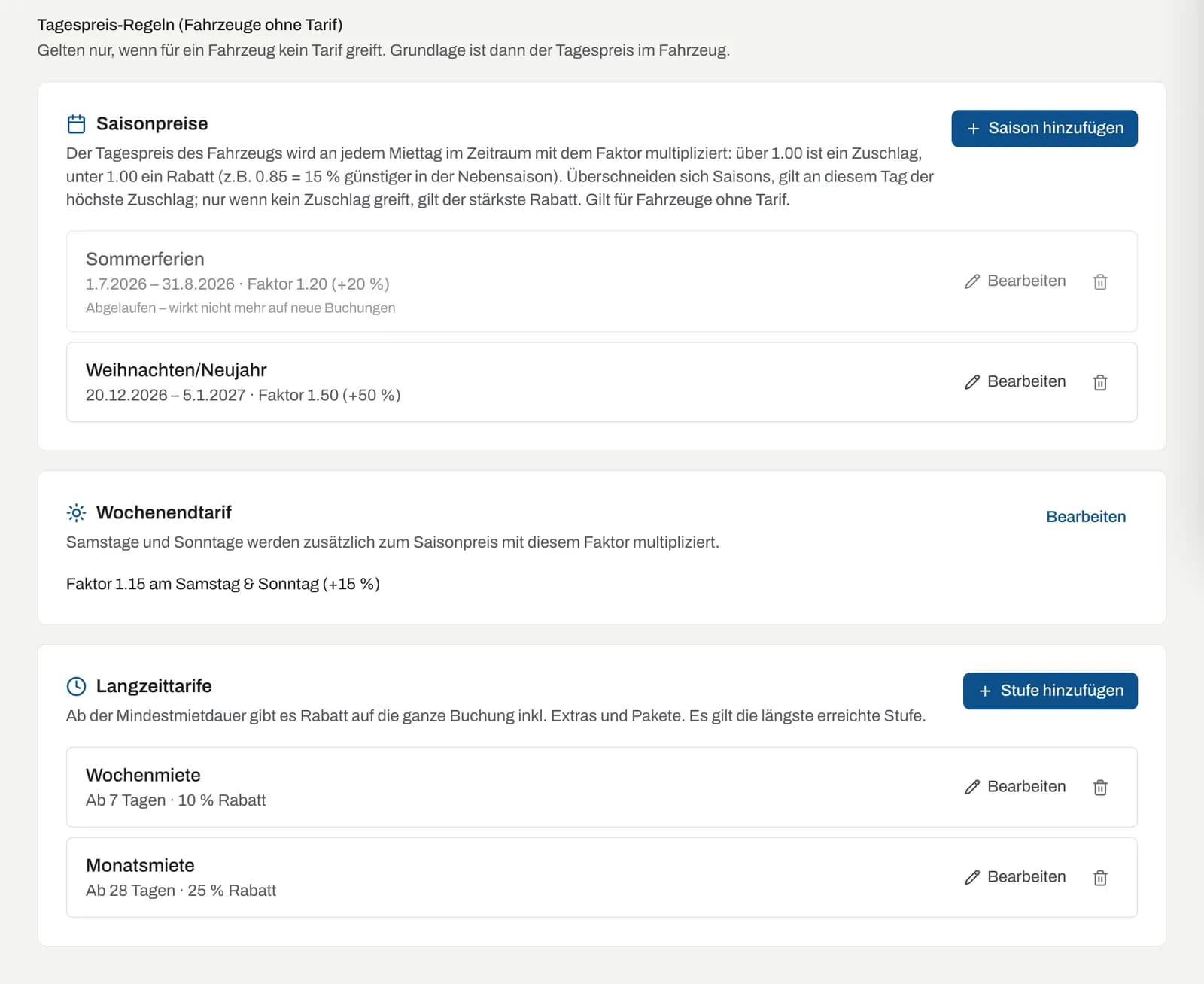 Tagespreis-Regeln mit Saisonpreisen, Wochenendtarif und Langzeittarifen