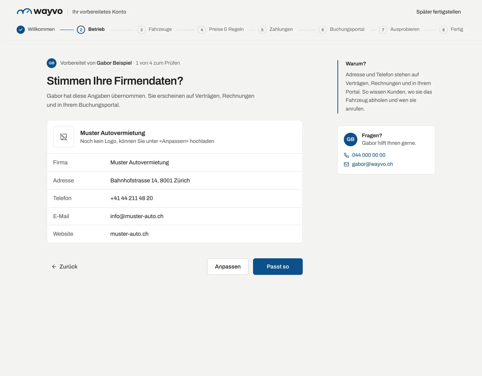 Prüfschritt Stimmen Ihre Firmendaten? mit Passt so und Anpassen