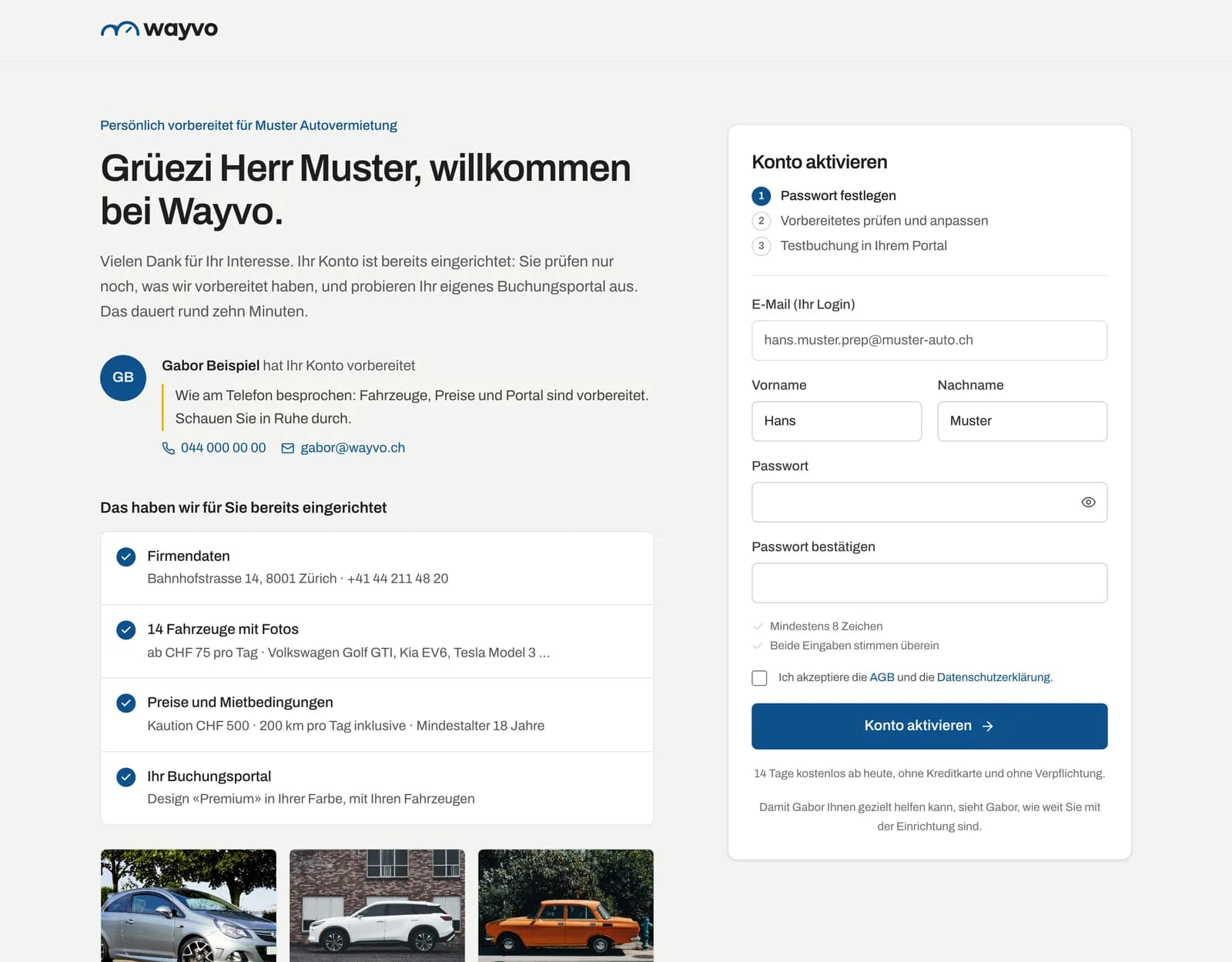 Willkommensseite eines vorbereiteten Kontos mit Übersicht und Formular Konto aktivieren